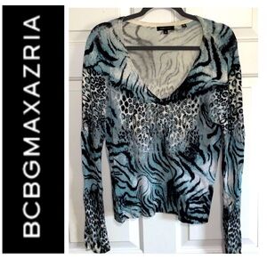 🌇 BCBGMaxAzria Blue Black Beaded Animal Print V-neck Knit Top M